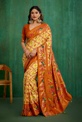 Shop Cotton Silk Orange Yellow Ikkat Print Ready to Wear Saree - Elegant & Comfortable Styles-RTW-3843